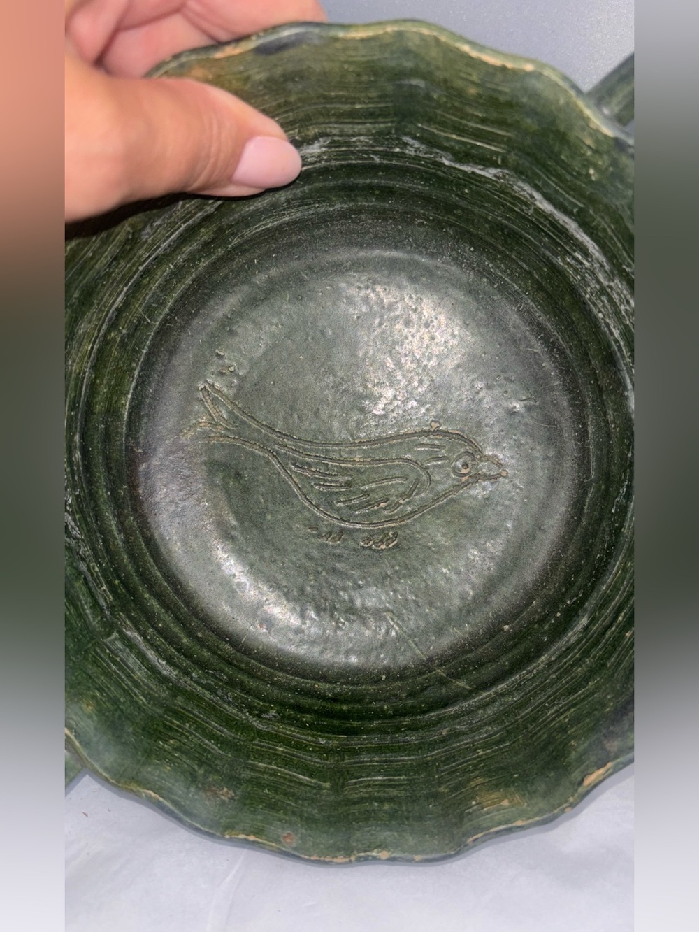 Vintage hand made Dark Green Bowl - bird